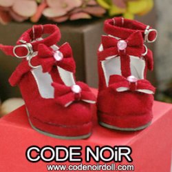 CMS000154 Red Suede T-Strap Ribbon Shoes